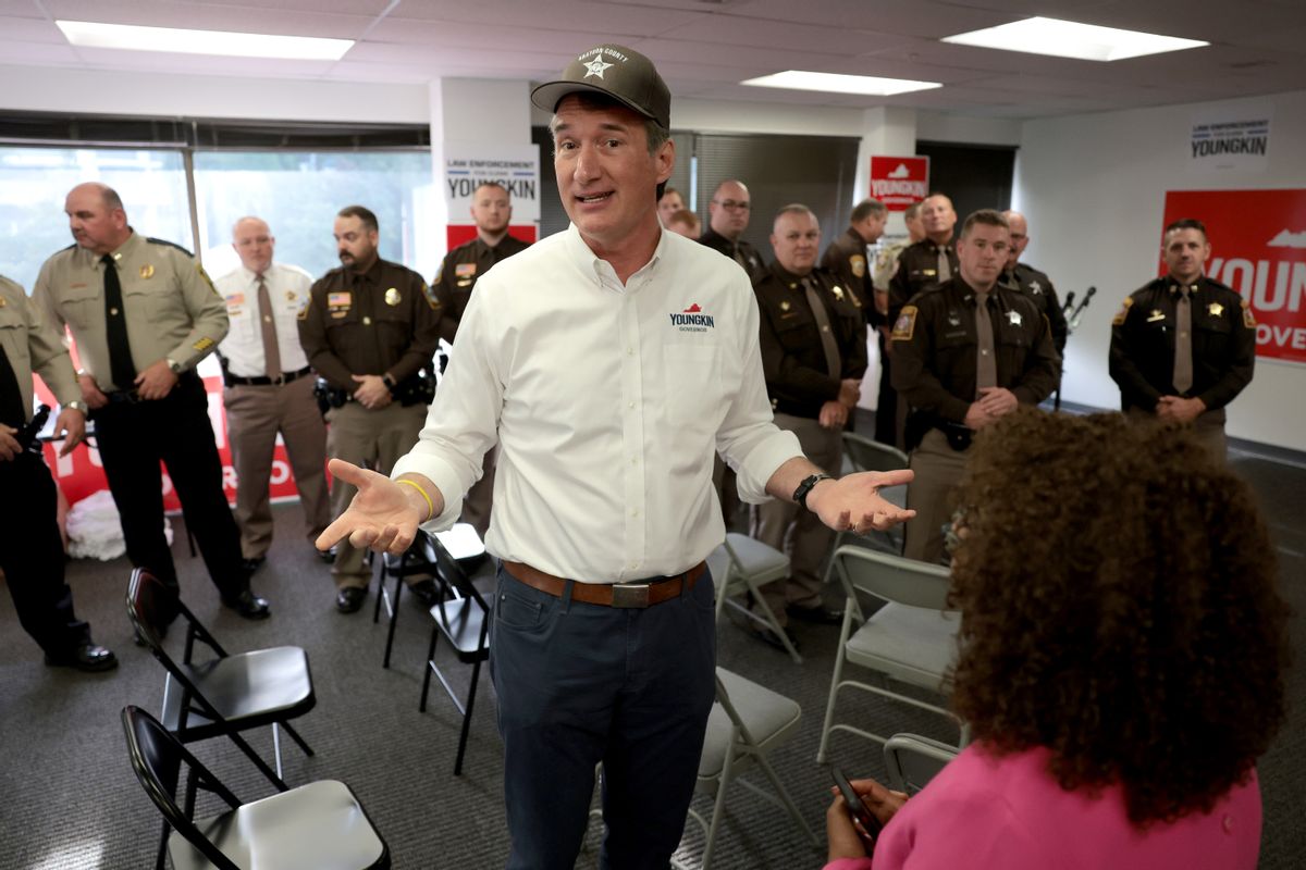 Republican gubernatorial candidate Glenn Youngkin (R-VA) answers a reporter's question after speaking with law enforcement officers supporting his candidacy during a breakfast marking Police Week October 14, 2021 in Vienna, Virginia. (Win McNamee/Getty Images)