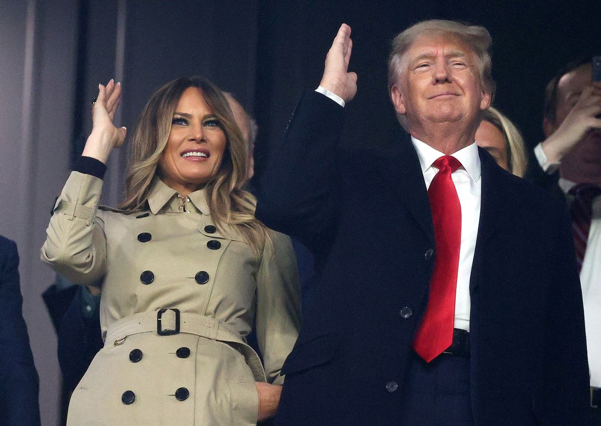 Former first lady and president of the United States Melania and Donald Trump do "the chop" prior to Game Four of the World Series between the Houston Astros and the Atlanta Braves Truist Park on October 30, 2021 in Atlanta, Georgia. (Getty Images)