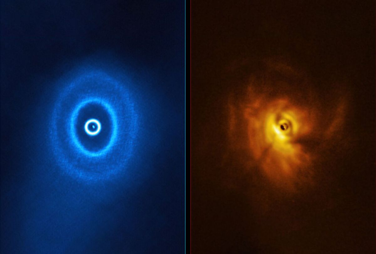 ALMA, in which ESO is a partner, and the SPHERE instrument on ESO’s Very Large Telescope have imaged GW Orionis, a triple star system with a peculiar inner region. Unlike the flat planet-forming discs we see around many stars, GW Orionis features a warped disc, deformed by the movements of the three stars at its centre. The ALMA image (left) shows the disc’s ringed structure, with the innermost ring separated from the rest of the disc. The SPHERE observations (right) allowed astronomers to see for the first time the shadow of this innermost ring on the rest of the disc, which made it possible for them to reconstruct its warped shape. (ALMA (ESO/NAOJ/NRAO), ESO/Exeter/Kraus et al.)
