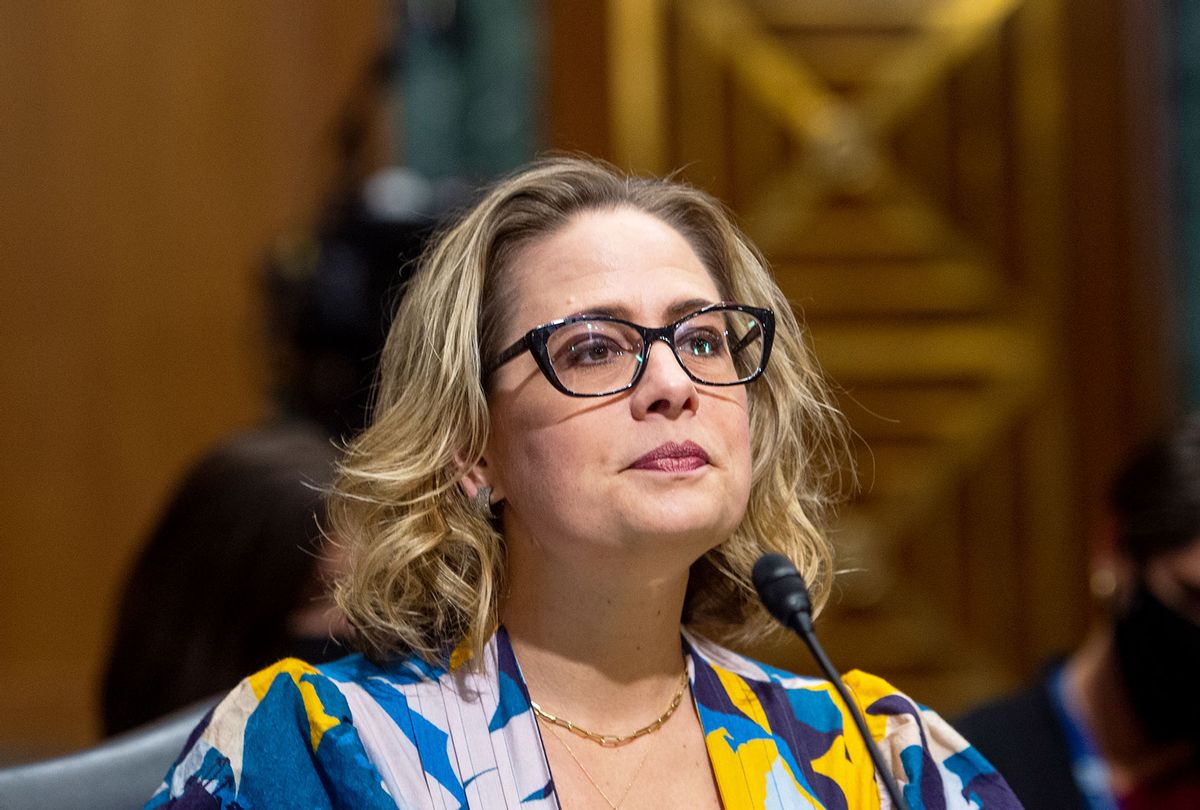 U.S. Sen. Kyrsten Sinema (D-AZ) speaks during a United States Senate Committee on Finance hearing to consider Chris Magnus's nomination to be Commissioner of U.S. Customs and Border Protection on October 19, 2021 in Washington, DC. (Rod Lamkey-Pool/Getty Images)