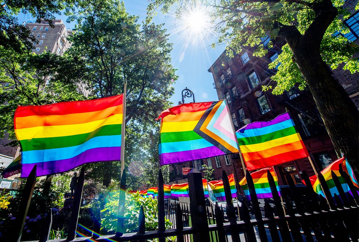The Stonewall Monument is decorated with pride flags (Roy Rochlin/Getty Images)