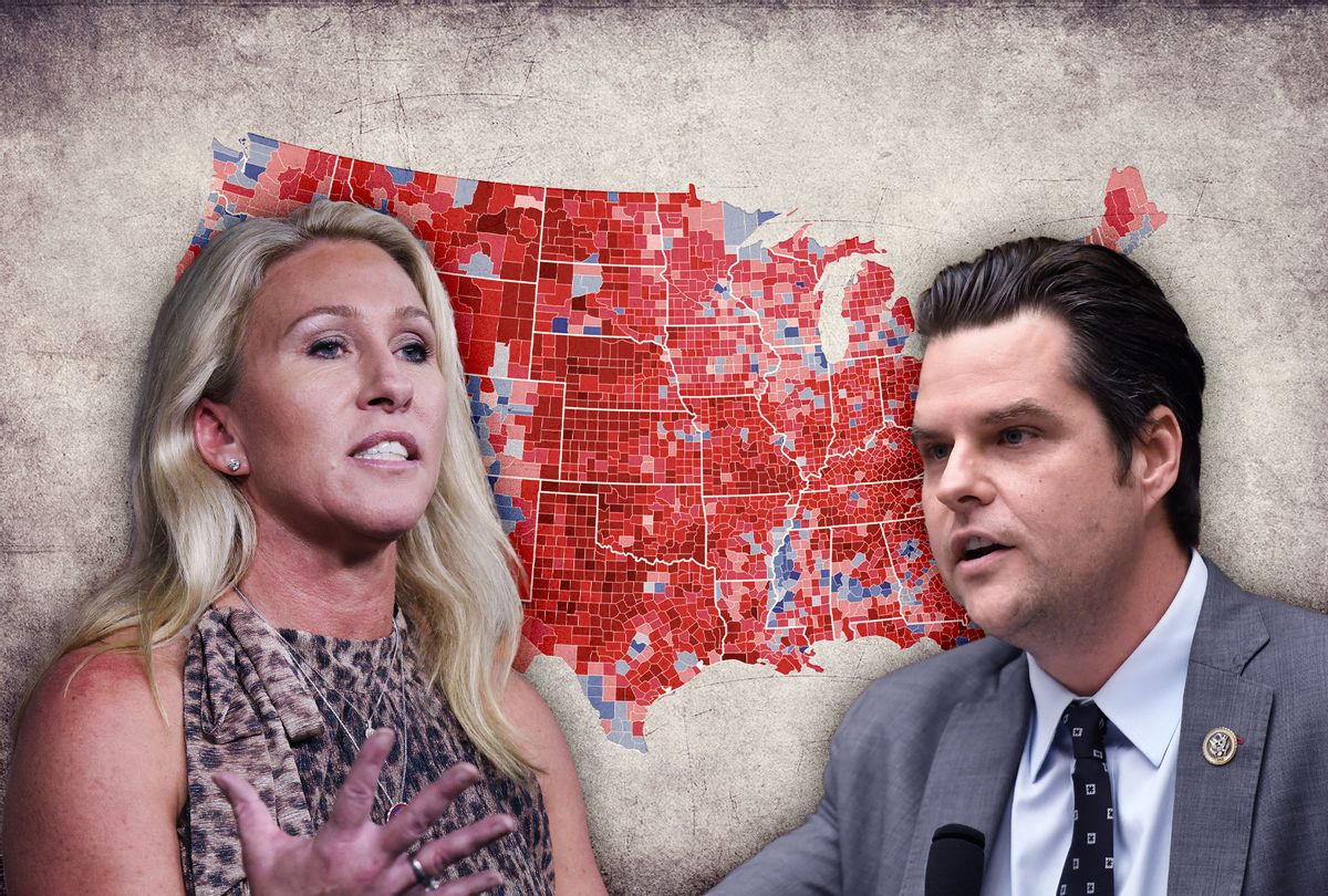 Marjorie Taylor Greene, Matt Gaetz and the US Electoral Map by County (Photo illustration by Salon/Getty Images)