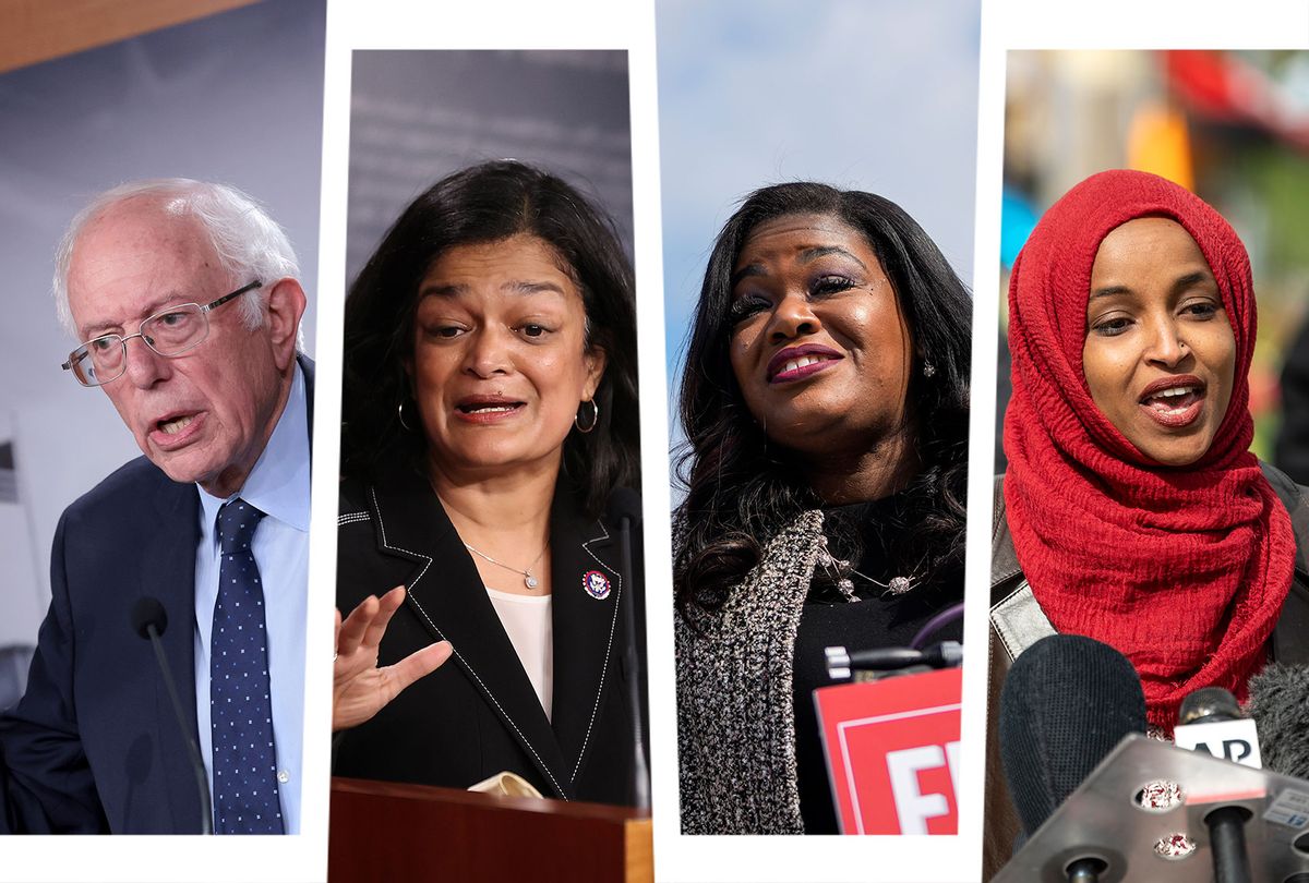 Bernie Sanders, Pramila Jayapal, Cori Bush and Ilhan Omar (Photo illustration by Salon/Getty Images)