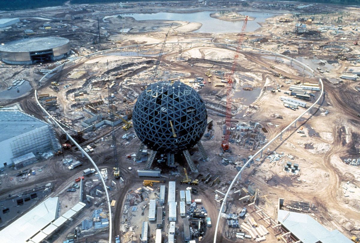 Spaceship Earth in Epcot construction at Disney World, 1996 (Chip HIRES/Gamma-Rapho via Getty Images)