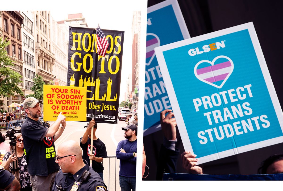 Counter protesters with a placard saying "Homos Go To Hell" during the New York City Pride March on Fifth Avenue in New York City. | L.G.B.T. activists and their supporters rally in support of transgender people on the steps of New York City Hall, October 24, 2018 in New York City. (Photo illustration by Salon/Getty Images)