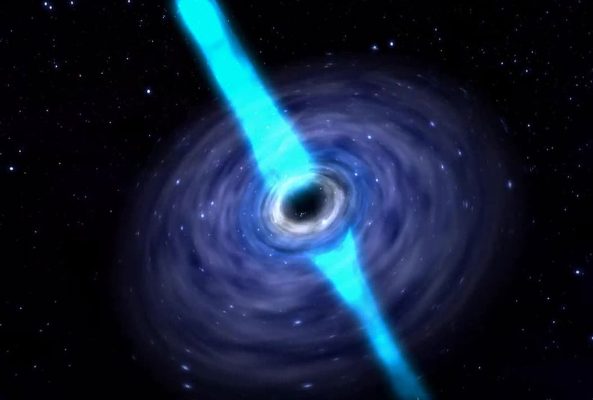 Artist's impression of a hot and dense accretion disk around a black hole, which can be a rich production site of heavy elements. Neutron-rich material is ejected from the disk, enabling the rapid neutron-capture process (r-process). The light blue region is a particularly fast ejection of matter, called a jet, which typically originates parallel to the disk's rotation axis. (National Radio Astronomy Observatory, USA)