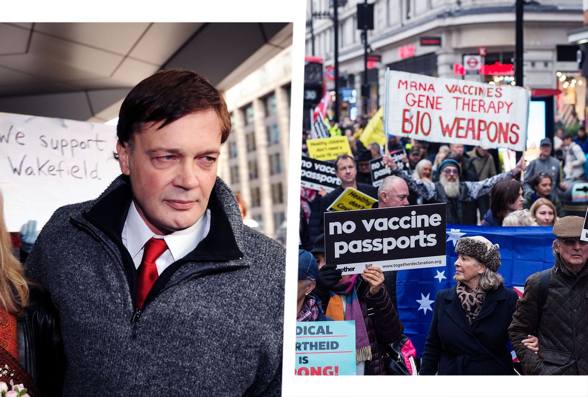 Discredited doctor, Andrew Wakefield | Demonstrators march through central London in a protest against Covid-19 measures including vaccine passports, mandates and inoculations for children on November 20, 2021 in London, England. (Photo illustration by Salon/Getty Images)