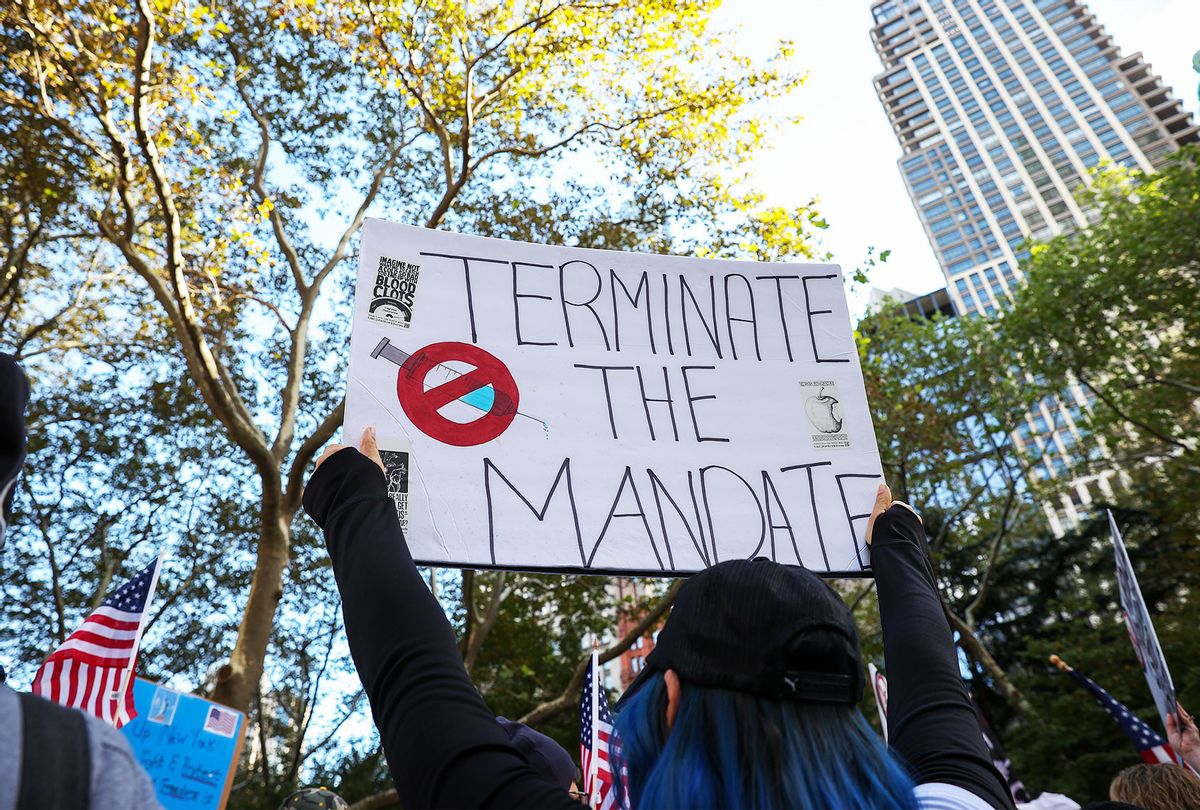 Hundreds gather at the City Hall Park to protest vaccination mandate during "Freedom Rally" in New York City, United States on November 3, 2021. (Tayfun Coskun/Anadolu Agency via Getty Images)