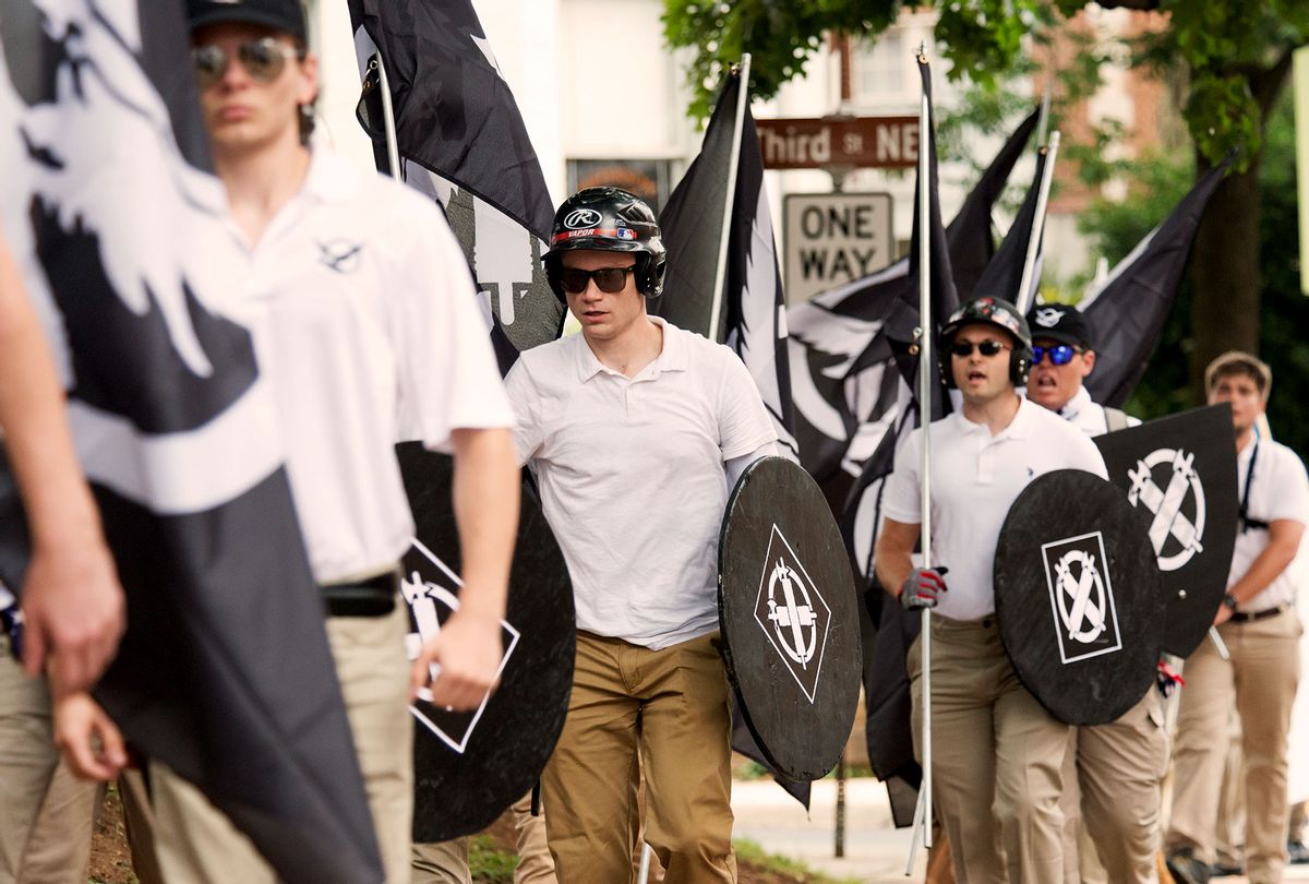 Neo-Nazis, white supremacists and other alt-right factions scuffled with counter-demonstrators near Emancipation Park (Formerly "Lee Park") in downtown Charlottesville, Virginia. After fighting between factions escalated, Virginia State Police ordered the evacuation by all parties and cancellation of the "Unite The Right" rally scheduled to take place in the park. (Albin Lohr-Jones/Pacific Press/LightRocket via Getty Images)