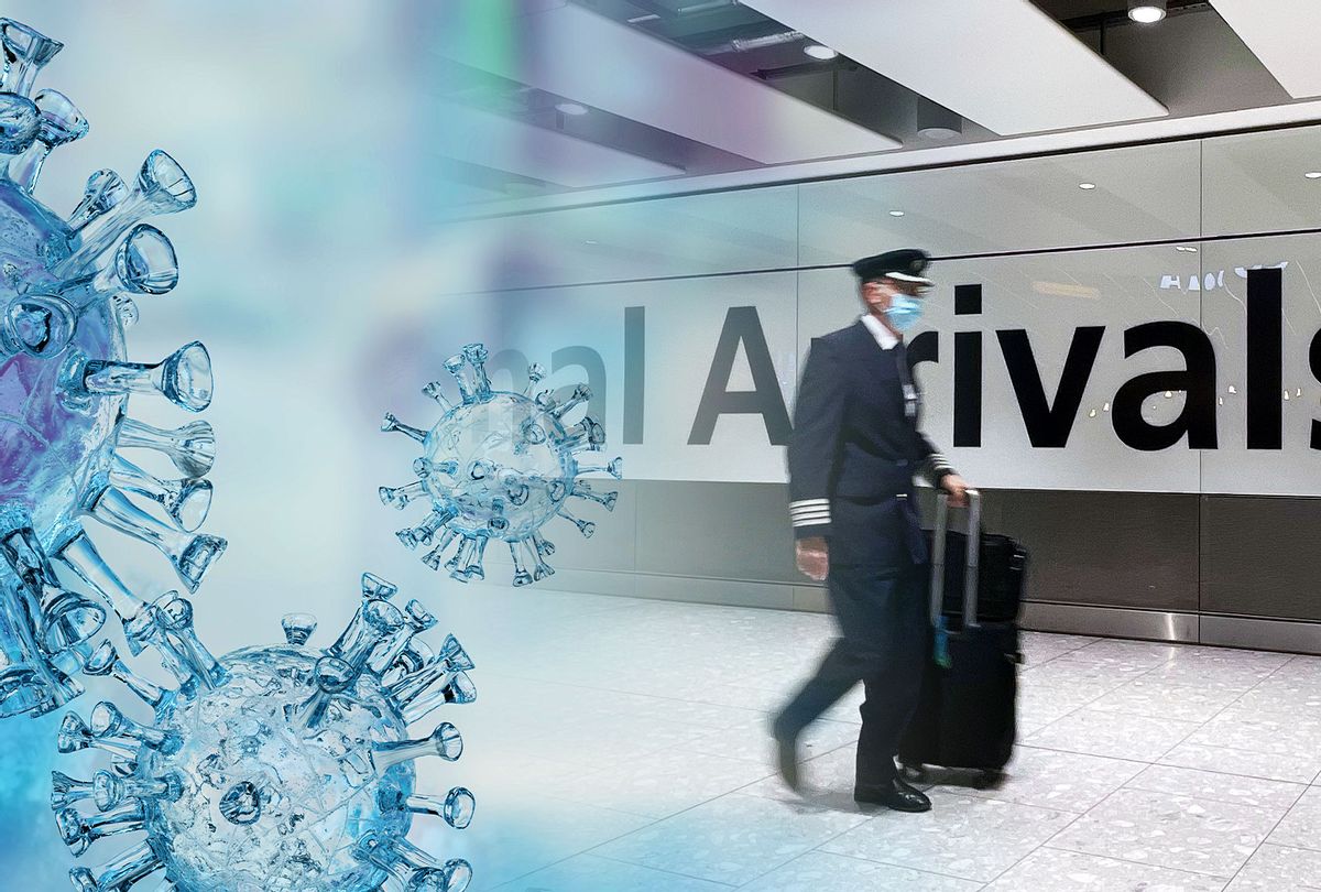 Coronavirus, COVID-19 spores | A member of a flight crew walks through the arrivals area at Terminal 5 at Heathrow Airport on November 26, 2021 in London, England. (Photo illustration by Salon/Getty Images)