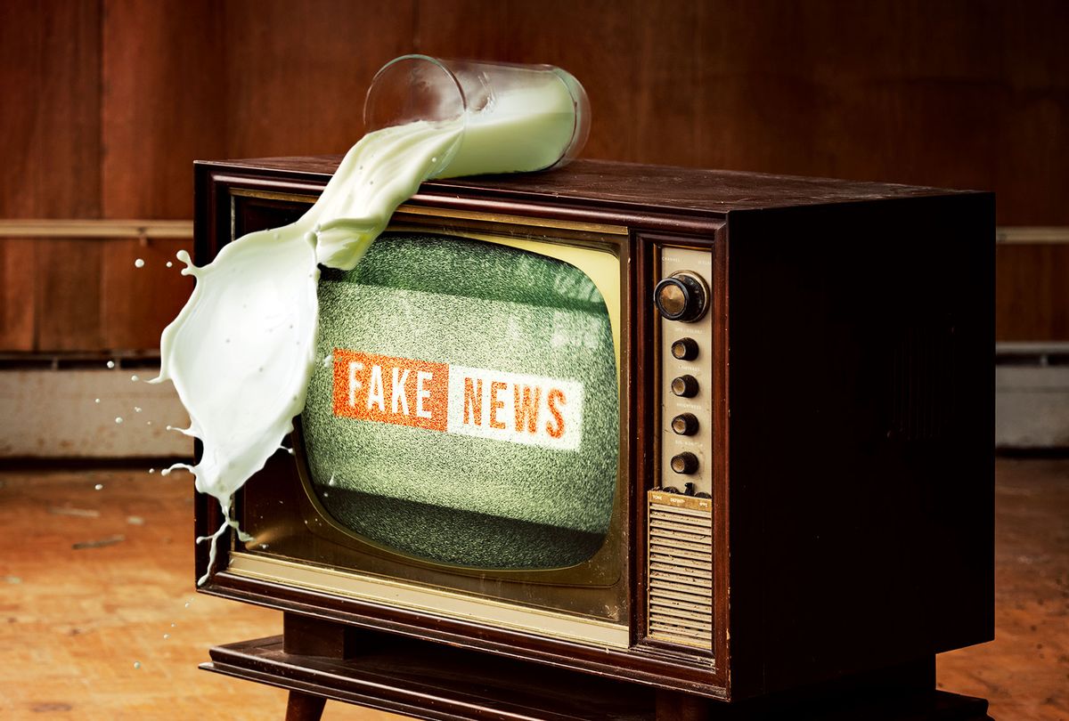 Spilled milk on a television showing the text "FAKE NEWS" (Photo illustration by Salon/Getty Images)