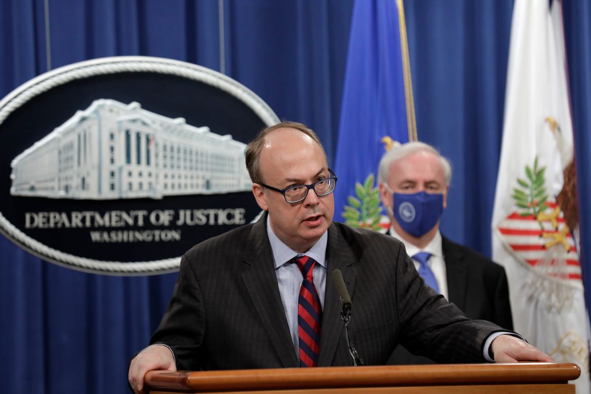 Then-acting Assistant U.S. Attorney General Jeffrey Clark speaks next to Deputy U.S. Attorney General Jeffrey Rosen at a news conference. (Yuri Gripas-Pool/Getty Images)