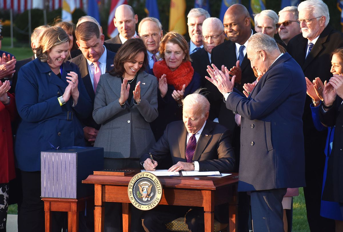President of the United States Joe Biden signs the Bipartisan Infrastructure Deal, H.R. 3684, the âInfrastructure Investment and Jobs Act.â into law at the White House in Washington, DC on November 15, 2021 (Kyle Mazza/Anadolu Agency via Getty Images)