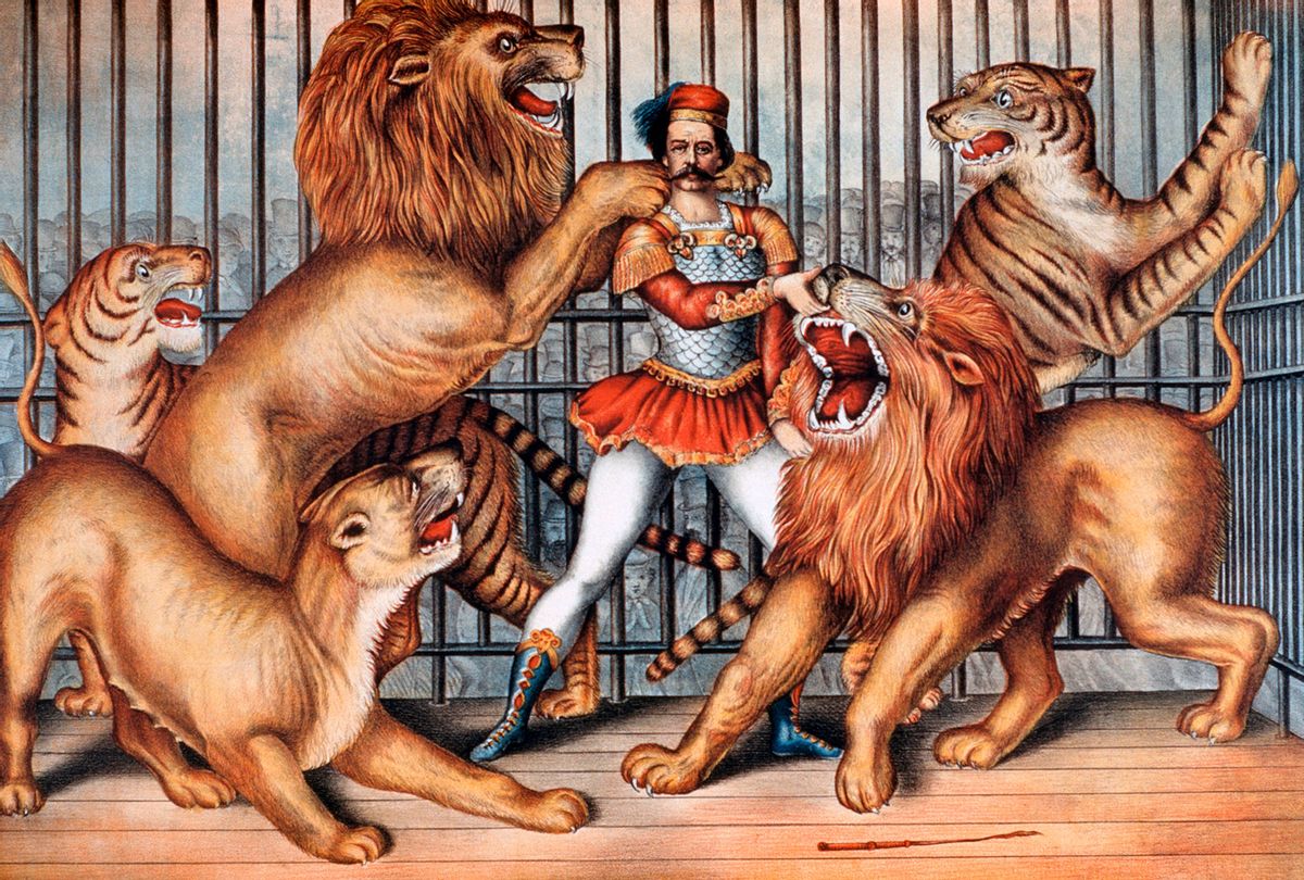 Lion tamer on a circus poster, 1873 (Universal History Archive/Universal Images Group via Getty Images)