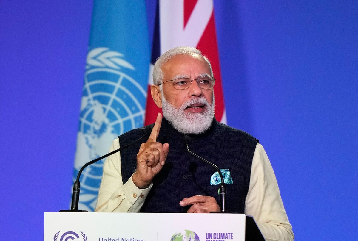 Indian Prime Minister Narendra Modi presents his national statement on day two of COP26 at SECC on November 1, 2021 in Glasgow, United Kingdom. 2021 sees the 26th United Nations Climate Change Conference. (Alastair Grant - Pool/Getty Images)