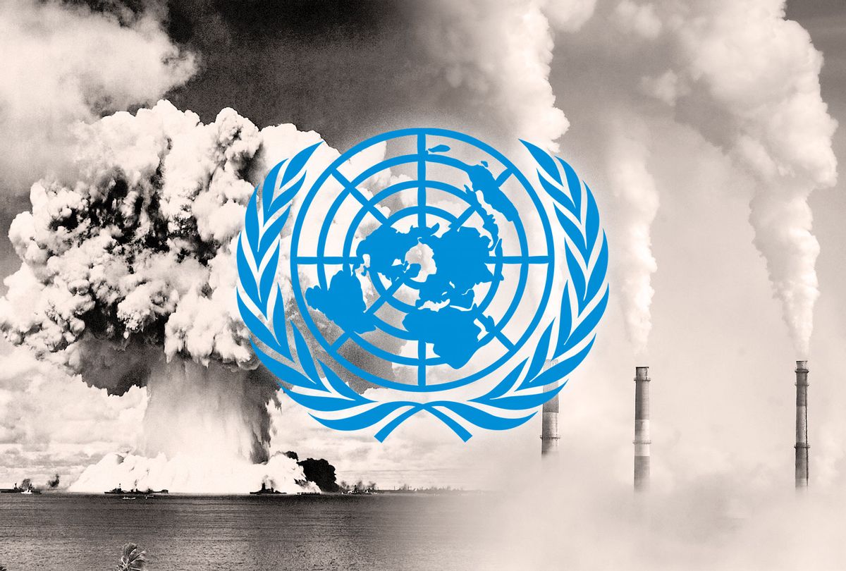 A nuclear blast and pollution from smokestacks, with the United Nations seal over top (Photo illustration by Salon/Getty Images)