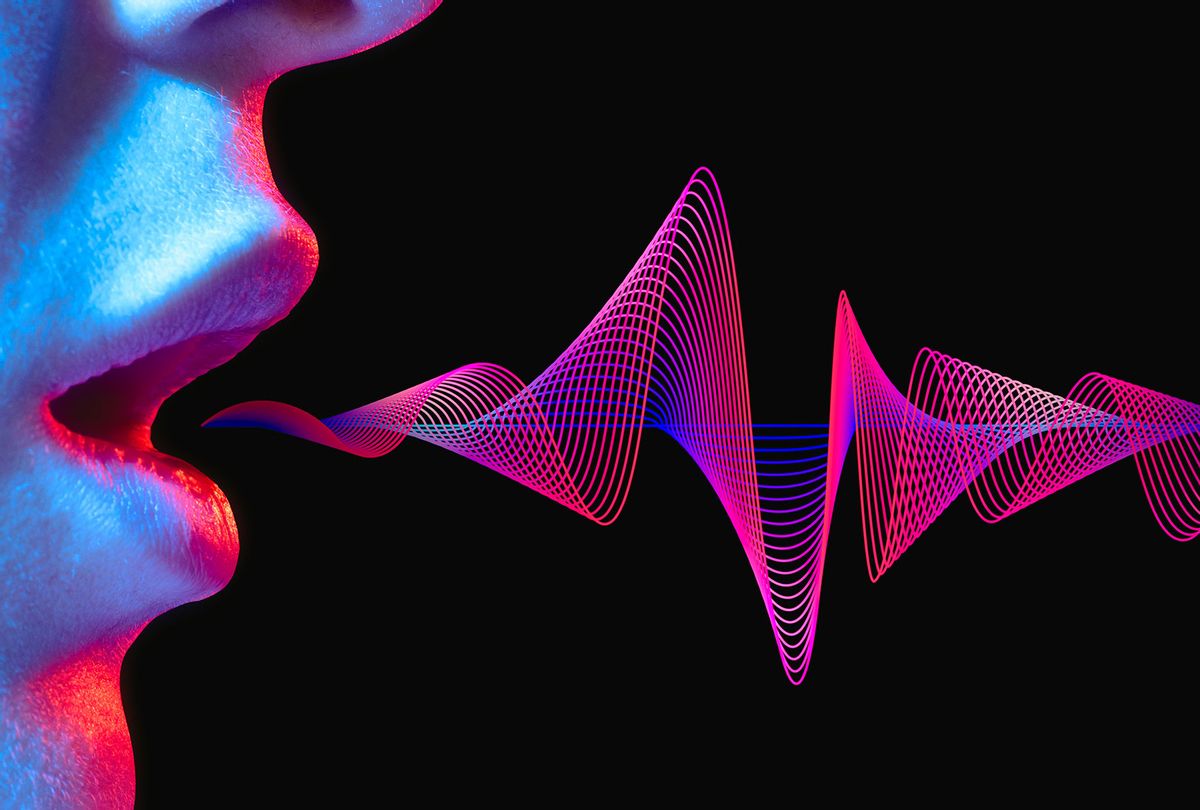 Woman lips with sound wave on black background in neon light (Getty Images/SvetaZi)