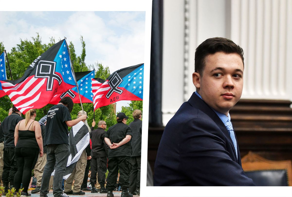 Neo-Nazis hold flags during a National Socialist Movement rally at Greenville Street Park in Newnan, Georgia, USA | Kyle Rittenhouse (Photo illustration by Salon/Getty Images)