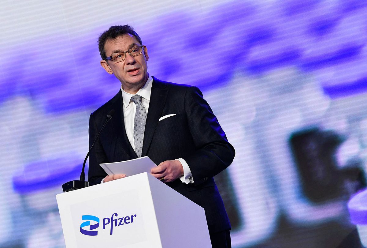 Pfizer CEO Albert Bourla talks during a press conference with European Commission President after a visit to oversee the production of the Pfizer-BioNtech Covid-19 vaccine at the factory of US pharmaceutical company Pfizer, in Puurs, on April 23, 2021. (JOHN THYS/POOL/AFP via Getty Images)