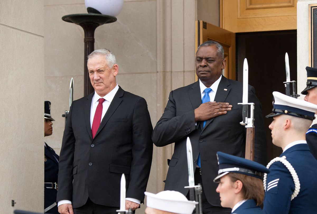 US Secretary of Defense Lloyd Austin (R) and Israeli Minister of Defense Benjamin "Benny" Gantz (L) stand for their countries national anthems prior to a meeting at the Pentagon in Washington, DC, June 3, 2021. (SAUL LOEB/AFP via Getty Images)