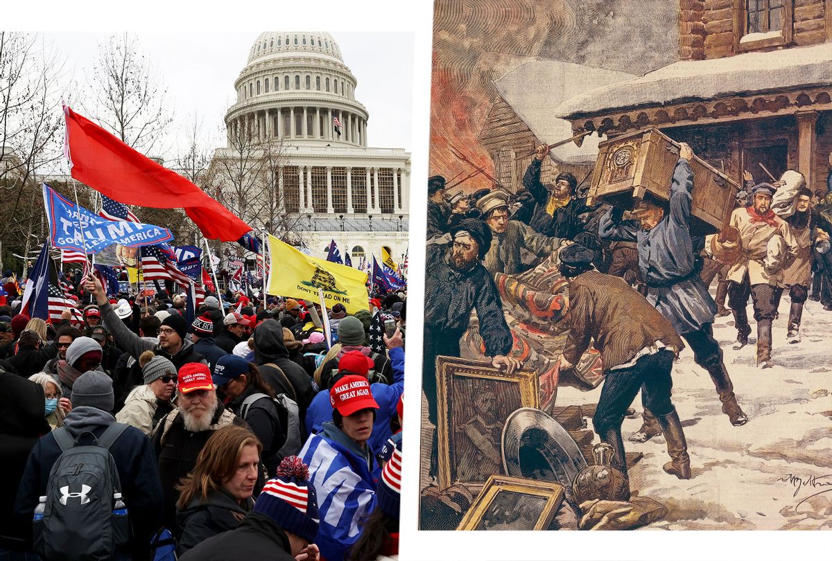 Protesters gather outside the U.S. Capitol Building on January 06, 2021 in Washington, DC. | The Russian Revolution: Peasants plundering the properties of the rural rich (Photo illustration by Salon/Getty Images)