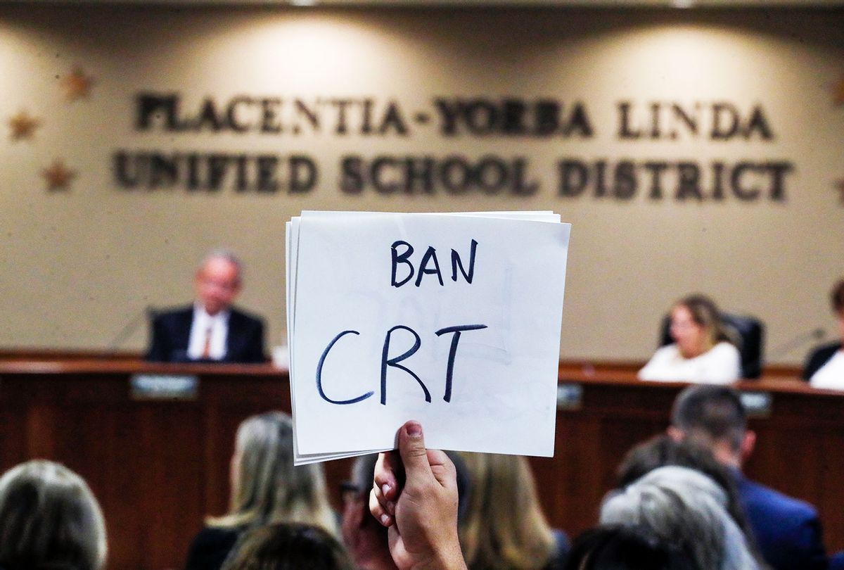 The Placentia Yorba Linda School Board discusses a proposed resolution to ban teaching critical race theory in schools.  (Robert Gauthier/Los Angeles Times via Getty Images)