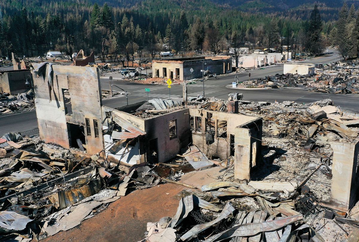 In an aerial view, the remains of homes and businesses that were destroyed by the Dixie Fire are visible on September 24, 2021 in Greenville, California. The Dixie Fire has burned nearly 1 million acres in five Northern California counties over a two month period. The destructive fire is the second largest fire in state history and has destroyed hundreds of structures. It is currently 94 percent contained. (Justin Sullivan/Getty Images)
