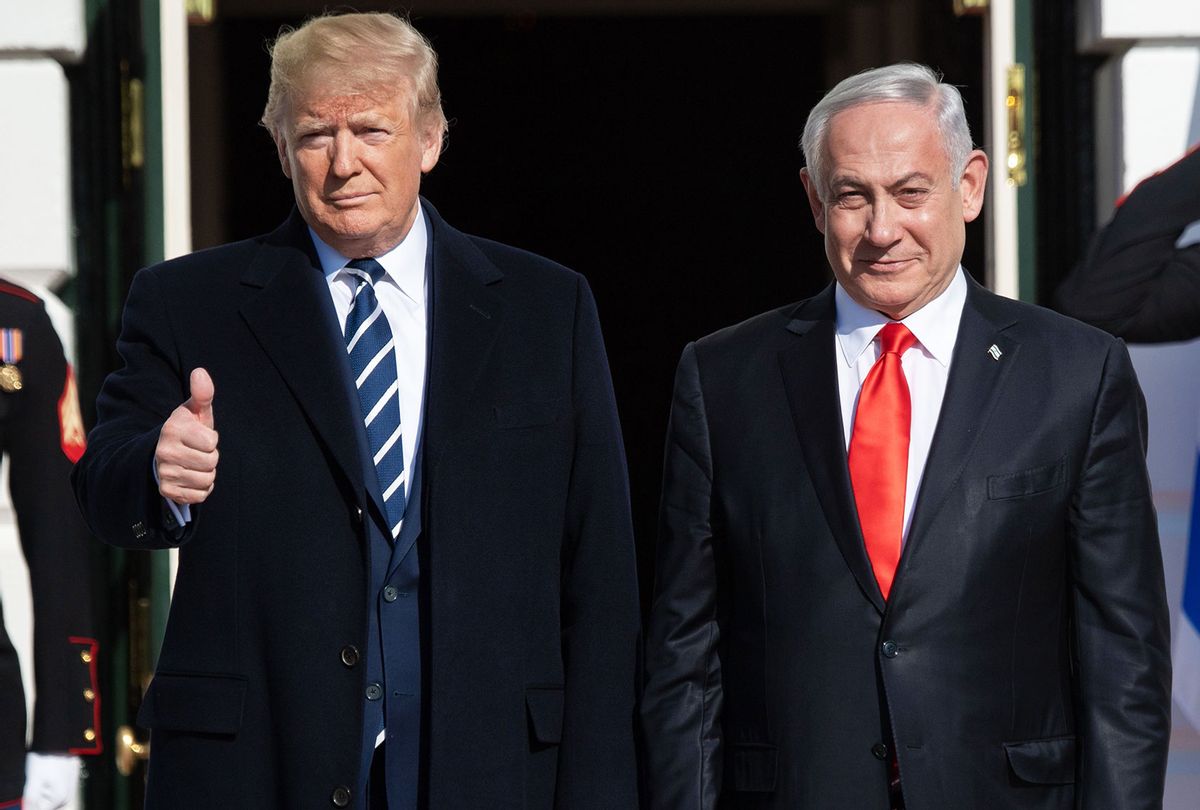 Donald Trump greets Israeli Prime Minister Benjamin Netanyahu as he arrives for meeting on the South Lawn of the White House in Washington, DC, January 27, 2020. (SAUL LOEB/AFP via Getty Images)