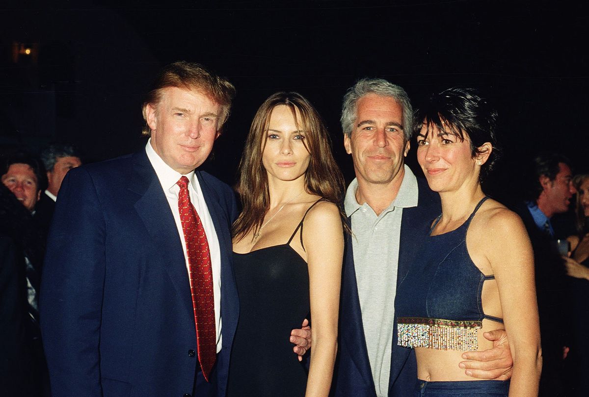 From left, American real estate developer Donald Trump and his girlfriend (and future wife), former model Melania Knauss, financier (and future convicted sex offender) Jeffrey Epstein, and British socialite Ghislaine Maxwell pose together at the Mar-a-Lago club, Palm Beach, Florida, February 12, 2000. (Davidoff Studios/Getty Images)