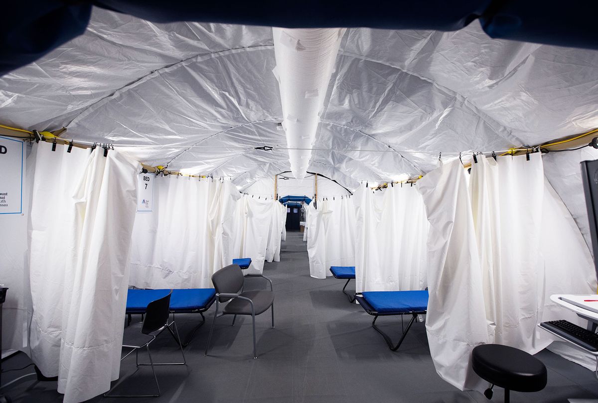 Triage tents built to alleviate overcrowding in the emergency room and keep separate non-coronavirus (COVID-19) patients at Mount Sinai South Nassau hospital in Oceanside, New York. (Jeffrey Basinger/Newsday via Getty Images)
