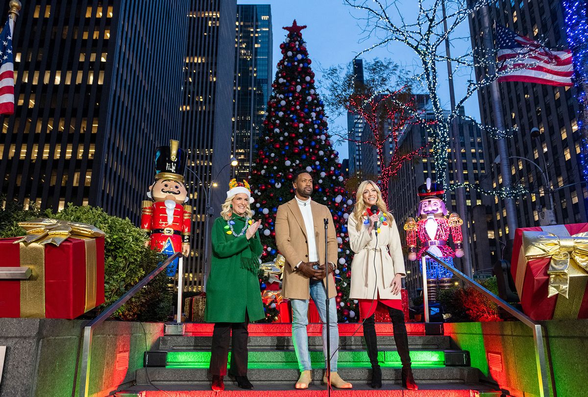 Janice Dean, Lawrence B. Jones, Abby Hornacek at the new All-American Christmas Tree lighting outside News Corporation at Fox Square on December 9, 2021 in New York City. The original 50-foot tree displayed on FOX Square in Midtown Manhattan was allegedly set on fire by a man during the early morning hours of December 8, 2021. He was later arrested. (Alexi Rosenfeld/Getty Images)