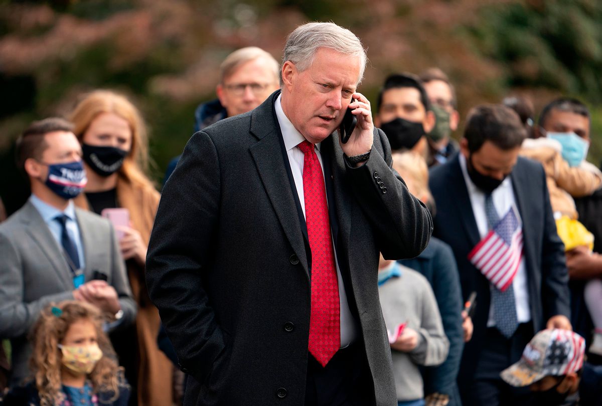 Former White House Chief of Staff Mark Meadows speaks on his phone as he waits for then-President Donald Trump to depart the White House on October 30, 2020 in Washington, DC. (ANDREW CABALLERO-REYNOLDS/AFP via Getty Images)