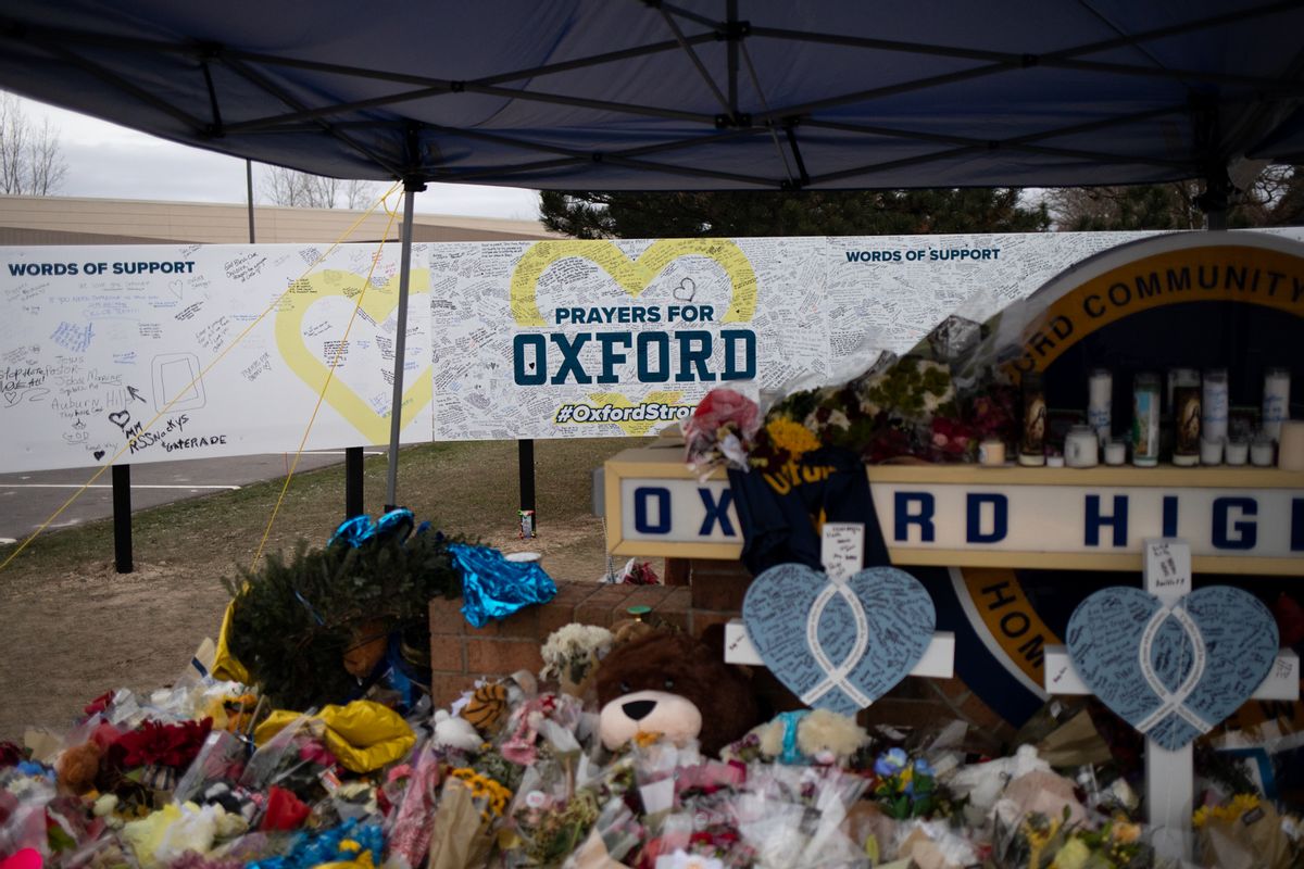 A board where community members can share words of support alongside the memorial outside Oxford High School in Oxford, Michigan. On Nov. 30, four students were killed and seven others injured when student Ethan Crumbley allegedly opened fire with a pistol at the school. (Emily Elconin/Getty Images)