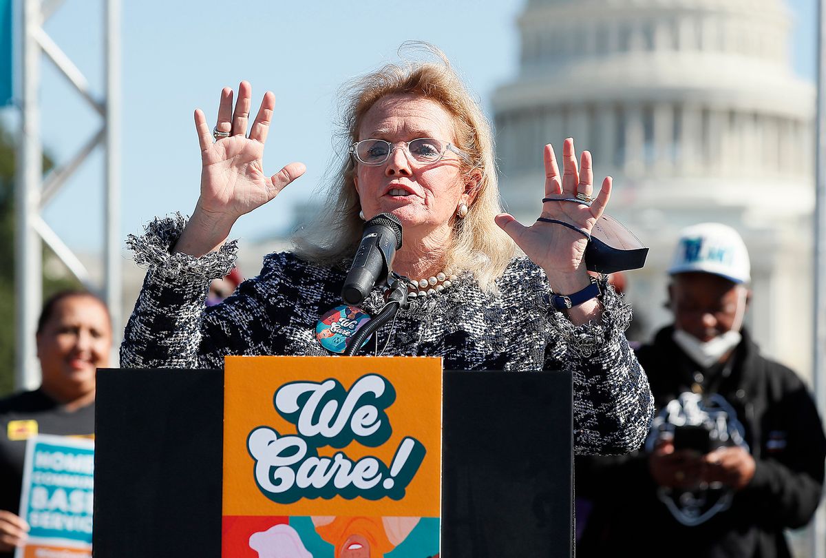 Rep Debbie Dingell, D-Michigan, holds a press conference supporting Build Back Better investments in home care, childcare, paid leave and expanded child tax credit payments. (Paul Morigi/Getty Images for MomsRising Together)