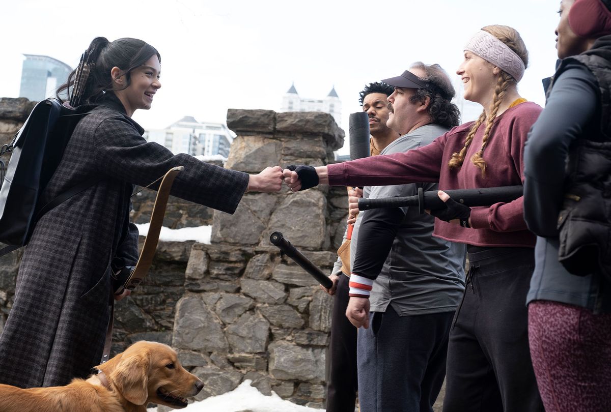 Hailee Steinfeld as Kate Bishop, The Pizza Dog, Clayton English as Grills, Robert Walker Branchaud as Orville, Adelle Drahos as Missy, and Adetinpo Thomas as Wendy "HAWKEYE"  (Photo by Chuck Zlotnick/Marvel Studios)