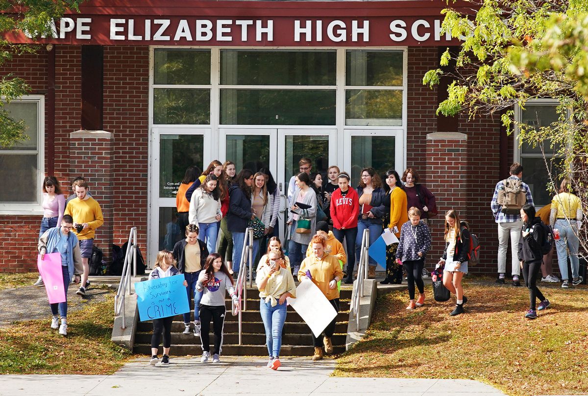 Students from Cape Elizabeth High School walked out of school on Monday, October 7, 2019 to protest the suspension of students who have been suspended from school following complaints of how the school handled recent sexual assault allegations. (Gregory Rec/Portland Press Herald via Getty Images)