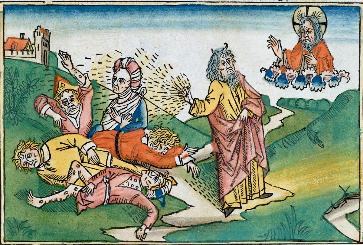 15th-century manuscript illustration of Moses spreading the plague of boils (Historica Graphica Collection/Heritage Images/Getty Images)