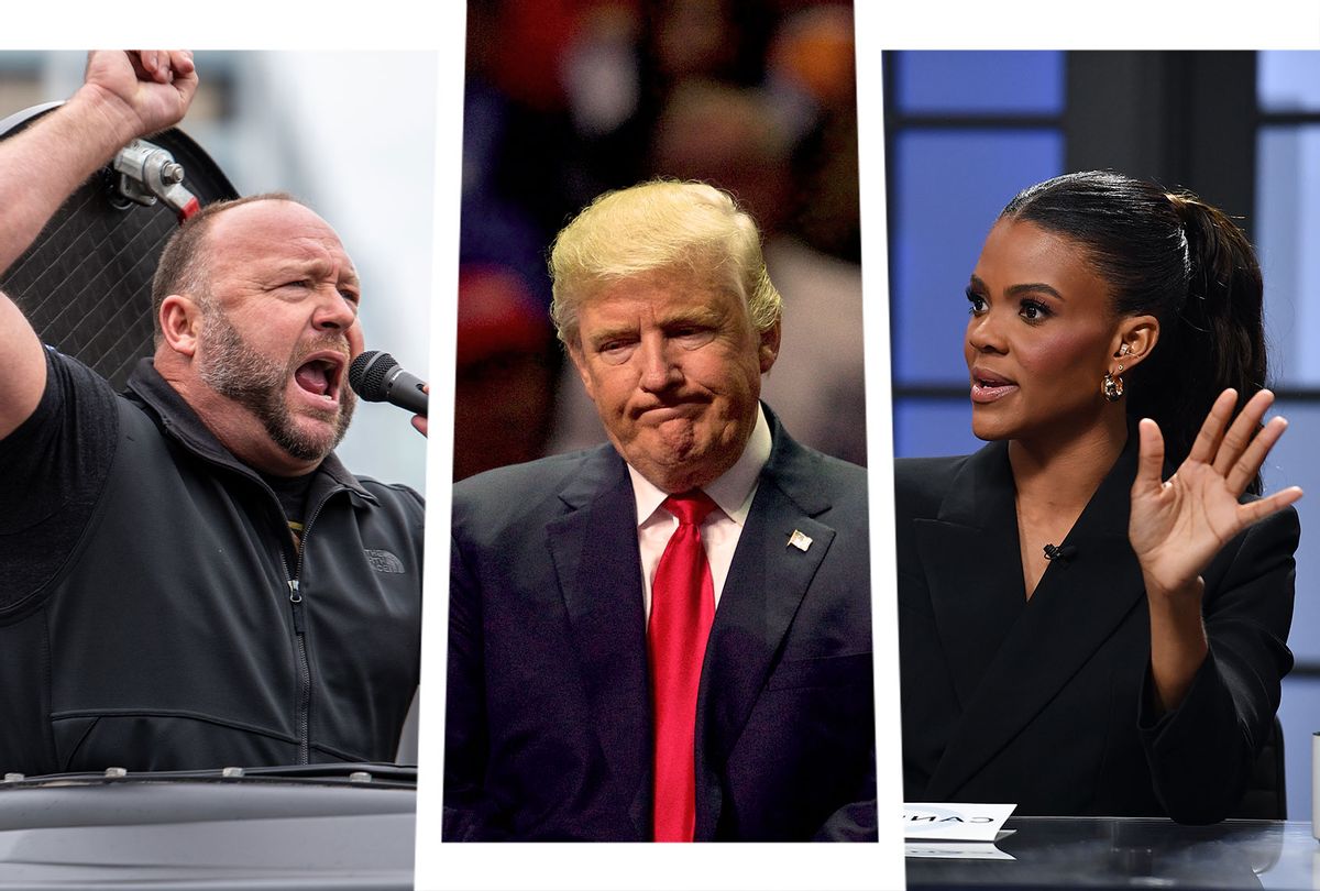 Alex Jones, Donald Trump and Candace Owens (Photo illustration by Salon/Getty Images)