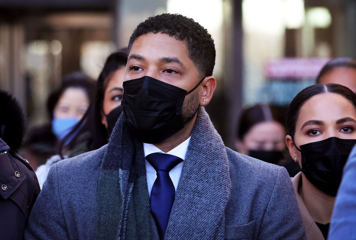 Former "Empire" actor Jussie Smollett leaves the Leighton Criminal Courts Building as the jury begins deliberation during his trial on December 8, 2021 in Chicago, Illinois. Smollett is accused of lying to police when he reported that two masked men physically attacked him, yelling racist and anti-gay remarks near his Chicago home in 2019. (Scott Olson/Getty Images)