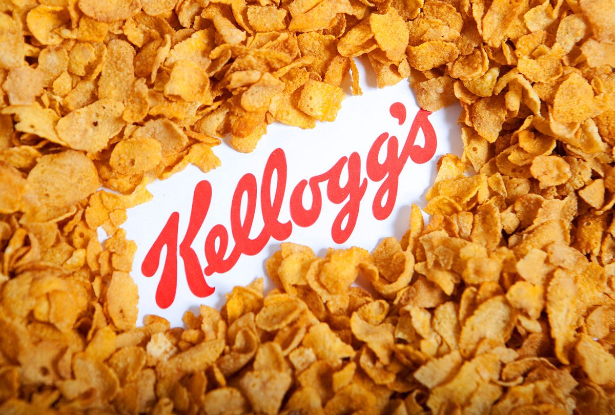 Illustrative image of Kellogg's logo and famous branded corn flakes. (Newscast/Universal Images Group via Getty Images)