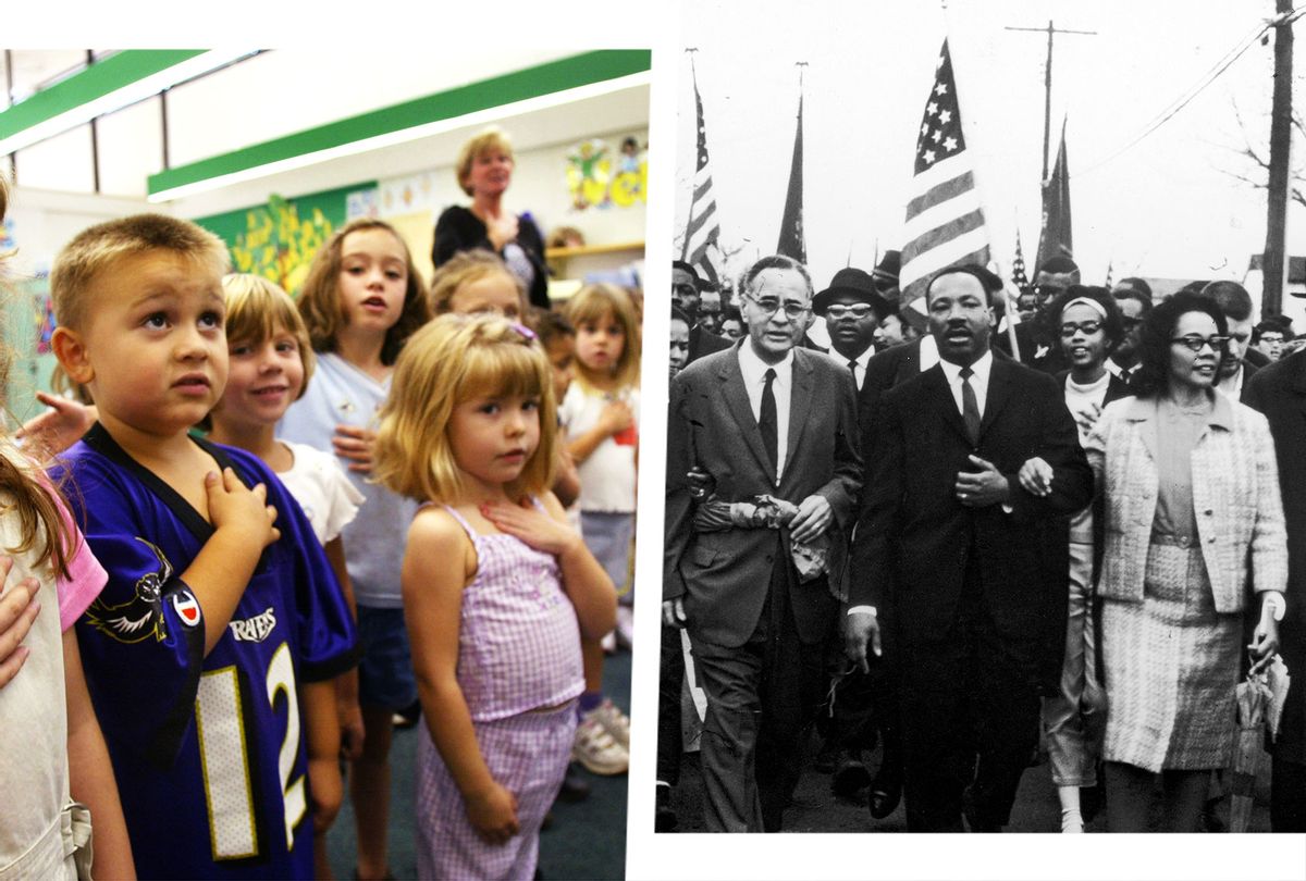 Kindergarten class recite the Pledge of Allegiance | American civil rights leader Dr Martin Luther King Jr (1929 - 1968) and his wife Coretta Scott King lead a march down the center of a street, 1960s (Photo illustration by Salon/Getty Images)