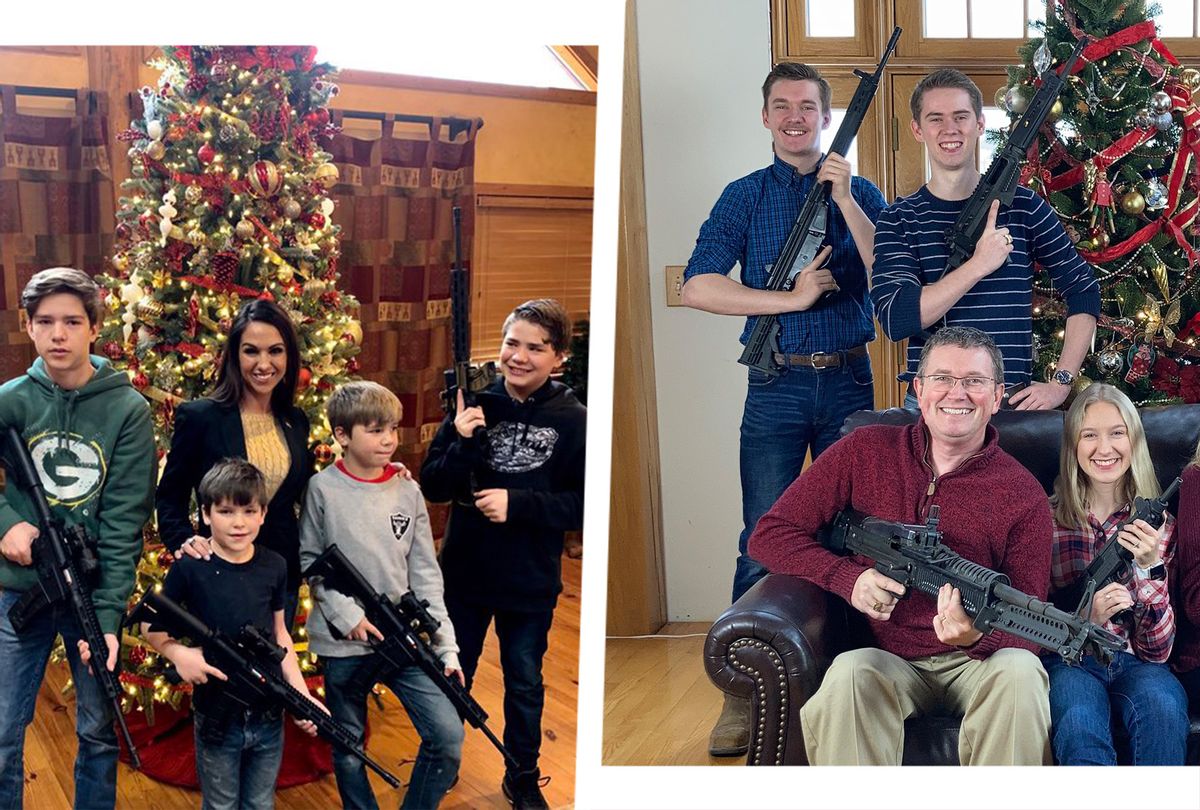 From left to right: Gun-toting Reps. Lauren Boebert and Thomas Massie with their families. (Photo illustration via Twitter/Salon)