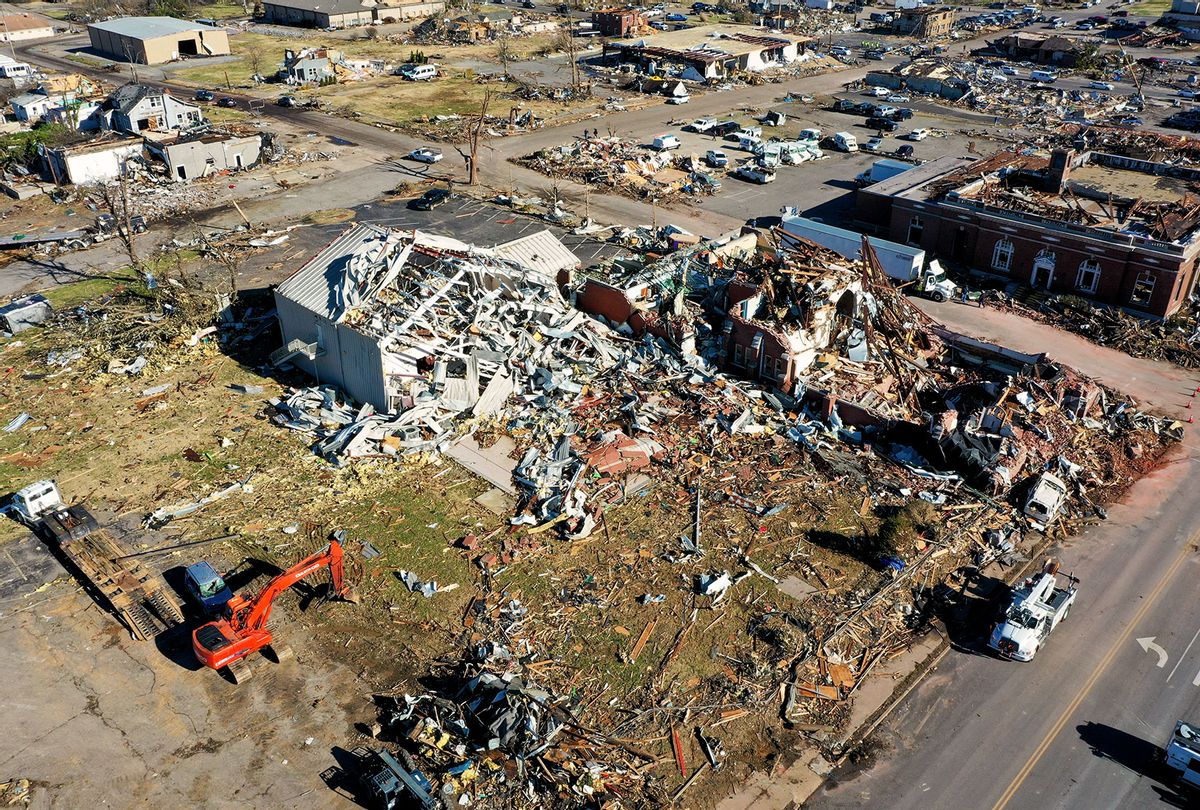 An aerial photo shows damage, as cleanup efforts continue after tornado, hit Mayfield, Kentucky, United States on December 12, 2021. (Tayfun Coskun/Anadolu Agency via Getty Images)