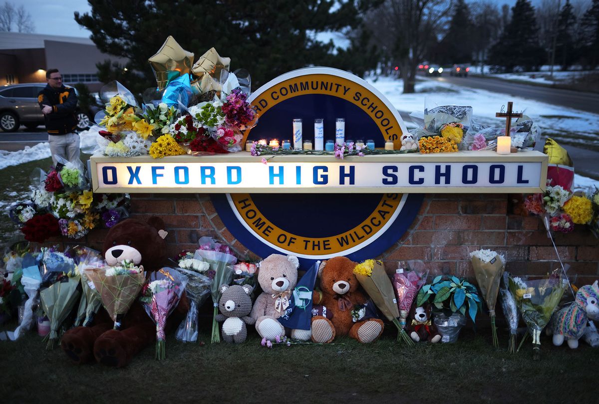 A makeshift memorial sits outside of Oxford High School on December 01, 2021 in Oxford, Michigan. Yesterday, four students were killed and seven injured when student Ethan Crumbley allegedly opened fire on fellow students at the school. (Scott Olson/Getty Images)
