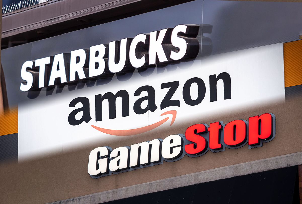 Starbucks, Amazon and GameStop (Photo illustration by Salon/Getty Images)
