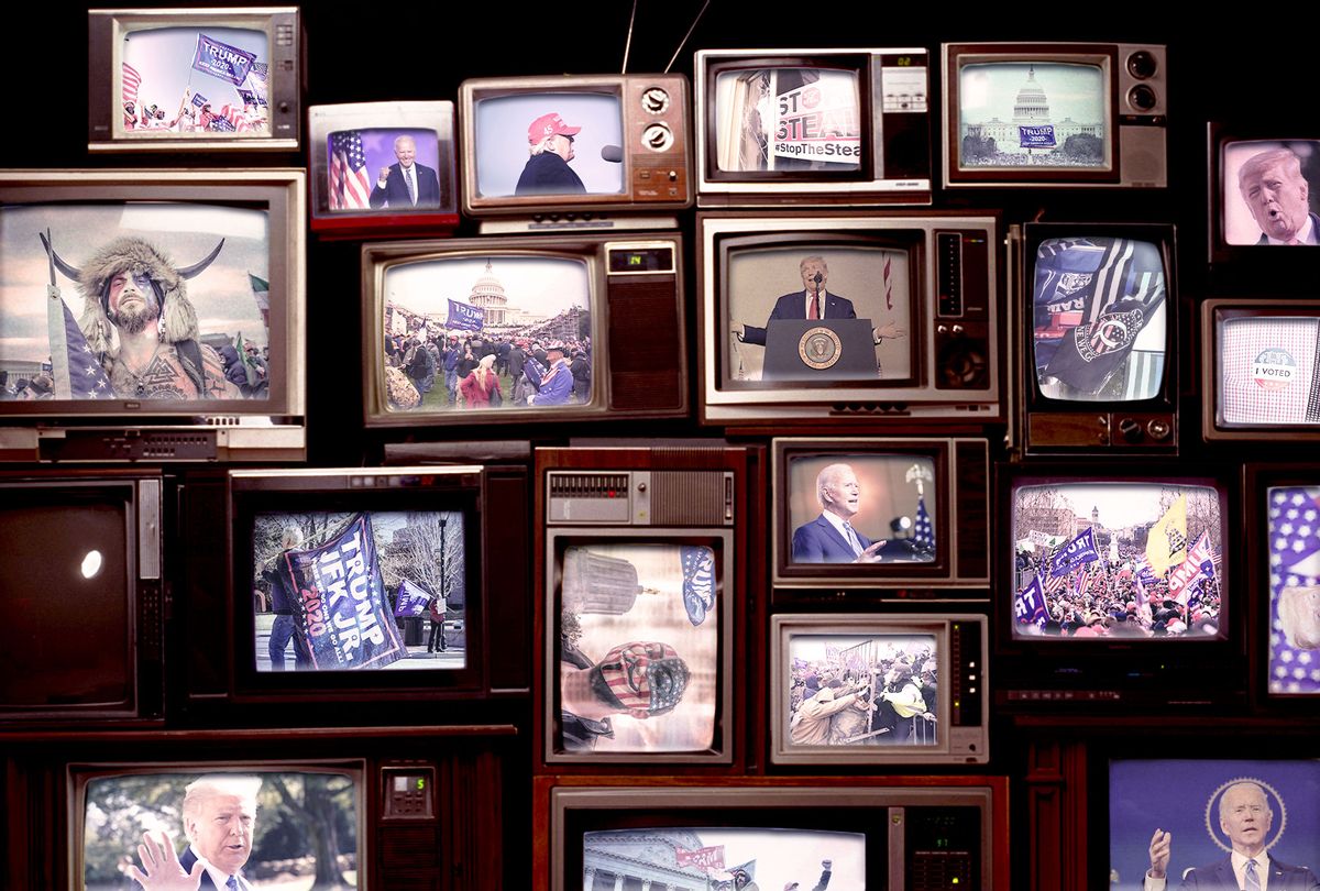 Many televisions showing scenes from the January 6, 2021 Capitol Riot, Donald Trumpp and Joe Biden (Photo illustration by Salon/Getty Images)