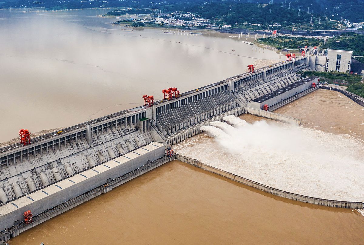 This aerial photo taken on September 7, 2020 shows water being released from the Three Gorges Dam, a hydropower project on the Yangtze river, in Yichang, central China's Hubei province. (STR/AFP/China OUT via Getty Images)