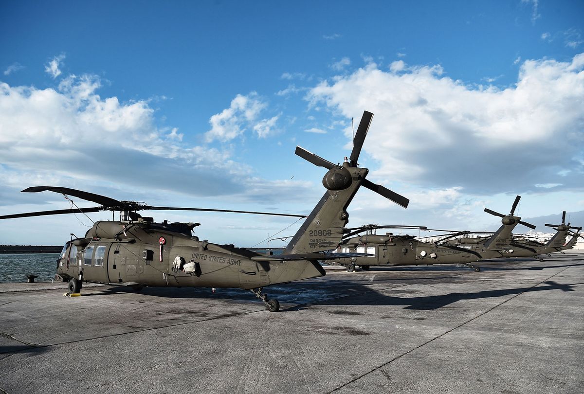 US Army helicopters are parked in the port of Alexandroupoli, Northern Greece, on December 3, 2021. (SAKIS MITROLIDIS/AFP via Getty Images)