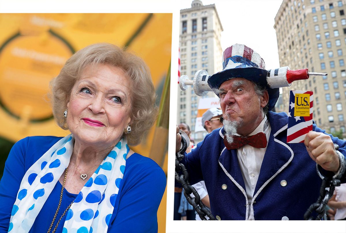 Actress Betty White | Hundreds are gathered at the "Freedom Rally" to protest the vaccination mandate in New York City, United States on September 13, 2021. (Photo illustration by Salon/Getty Images)