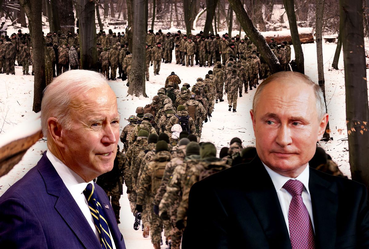 Joe Biden and Vladimir Putin | Civilian participants in a Kyiv Territorial Defence unit train on a Saturday in a forest on January 22, 2022 in Kyiv, Ukraine. Across Ukraine thousands of civilians are participating in such groups to receive basic combat training and in time of war would be under direct command of the Ukrainian military. While Ukrainian officials have acknowledged the country has little chance to fend off a full Russian invasion, Russian occupation troops would likely face a deep-rooted, decentralised and prolonged insurgency. Russia has amassed tens of thousands of troops on its border to Ukraine. (Photo illustration by Salon/Getty Images)
